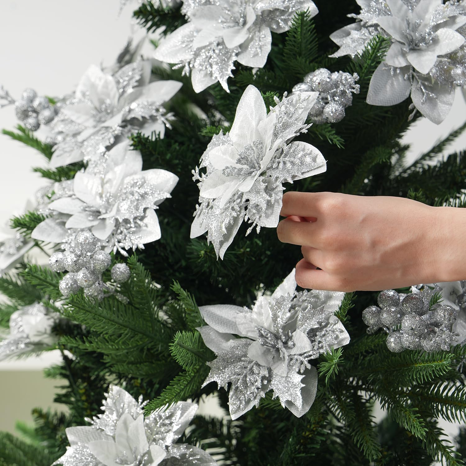 Trytuny Glitter Poinsettia Christmas Ornaments - 50pcs Artificial Flowers with Clips for DIY Wreaths | Silver