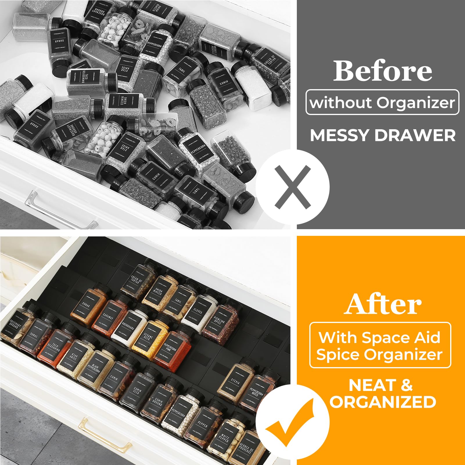 Famhap Spice Drawer Organizer, 24PCS Interlocking Expandable Seasoning Rack Tray Insert for Kitchen Drawers, Spice Rack Drawer for Spice Jars