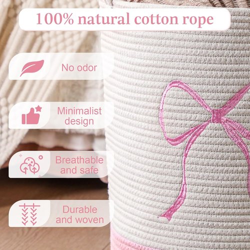 Honeydak Pink Laundry Basket - Coquette Cotton Rope Hamper for Girls | 15 x 17.7 Inches Storage Solution for Toys & Clothes