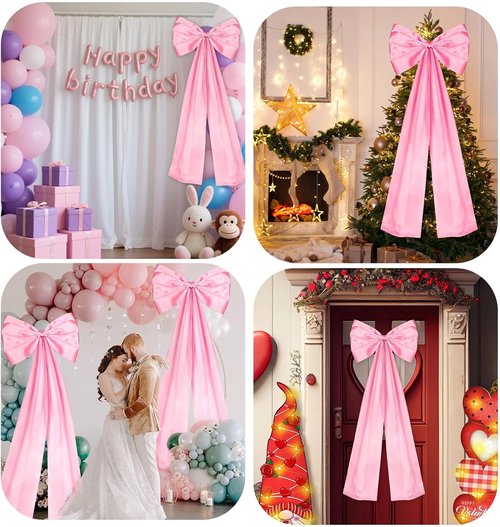 Giant Pink Bow | Double-Layer Satin Christmas Decorations - 24 x 42 Inches for Tree Topper & Party Decor
