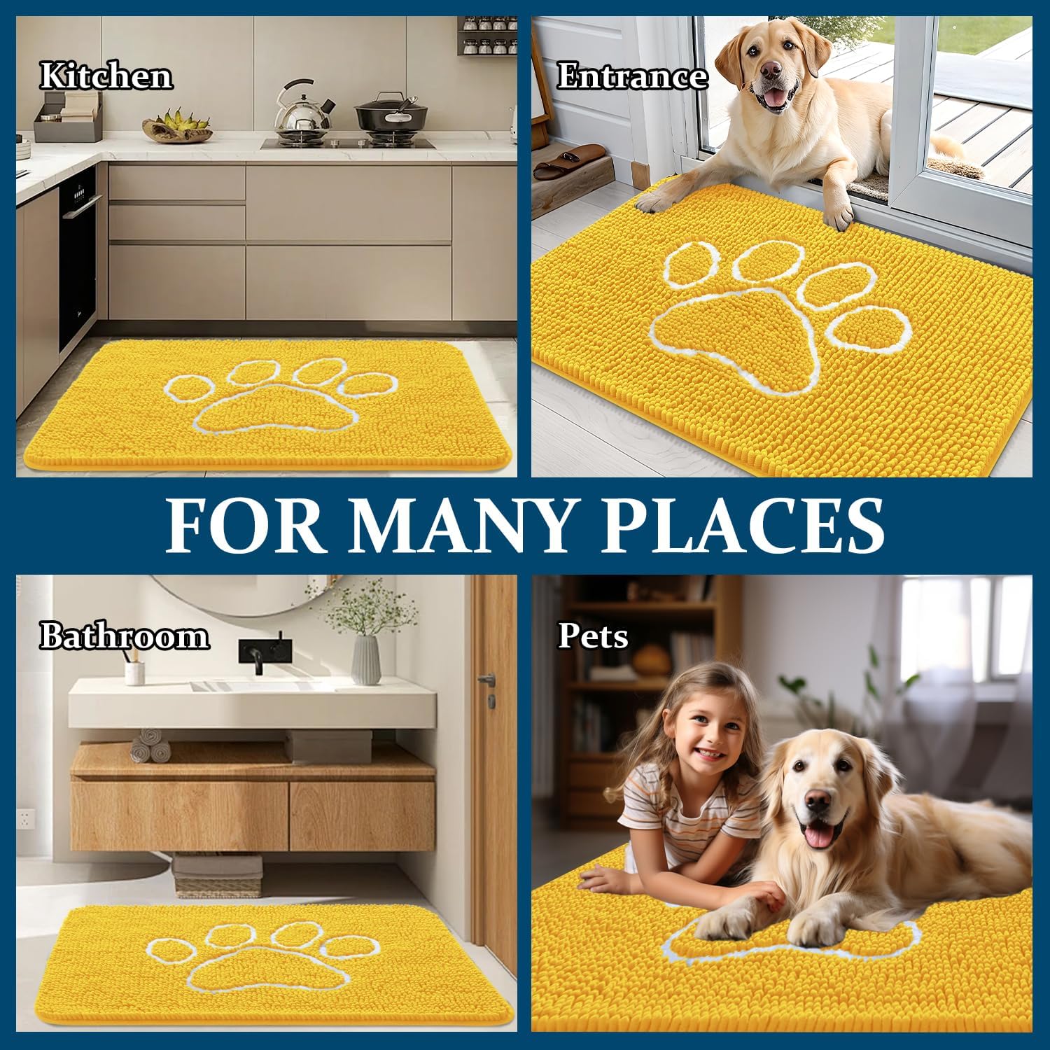 OLANLY Dog Door Mat - Absorbent Non-Slip Mud Mat for Muddy Paws | 48x30, Paw Print Design, Quick Dry Yellow