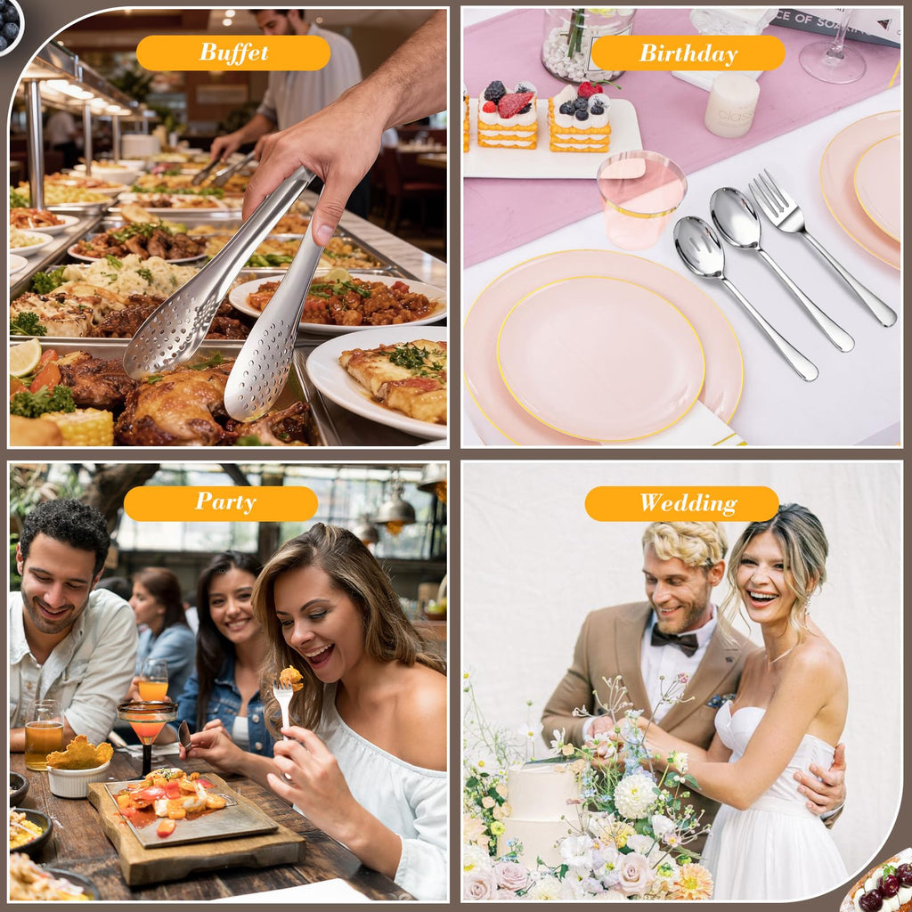 Dualshine 10PCS 18/8 Stainless Steel Serving Utensils Set for Parties, Kitchen Serving Tools-Include Serving Spoons, Slotted Spoons, Serving Forks Tongs Soup Ladle, Cake Pie Server for Buffet, Wedding
