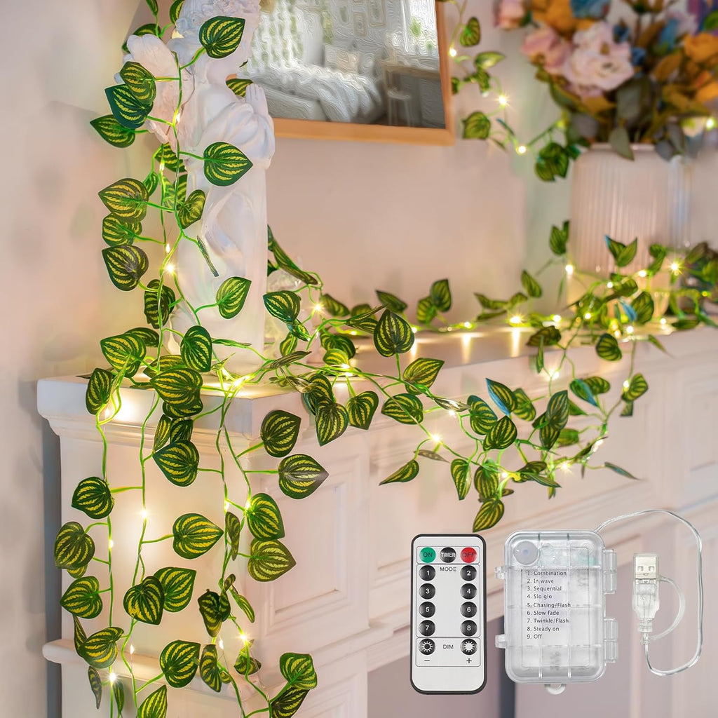 Suddus Vines String Lights - 33ft 100 LED Watermelon Leaves | Battery & USB Powered, Remote Control, Warm White