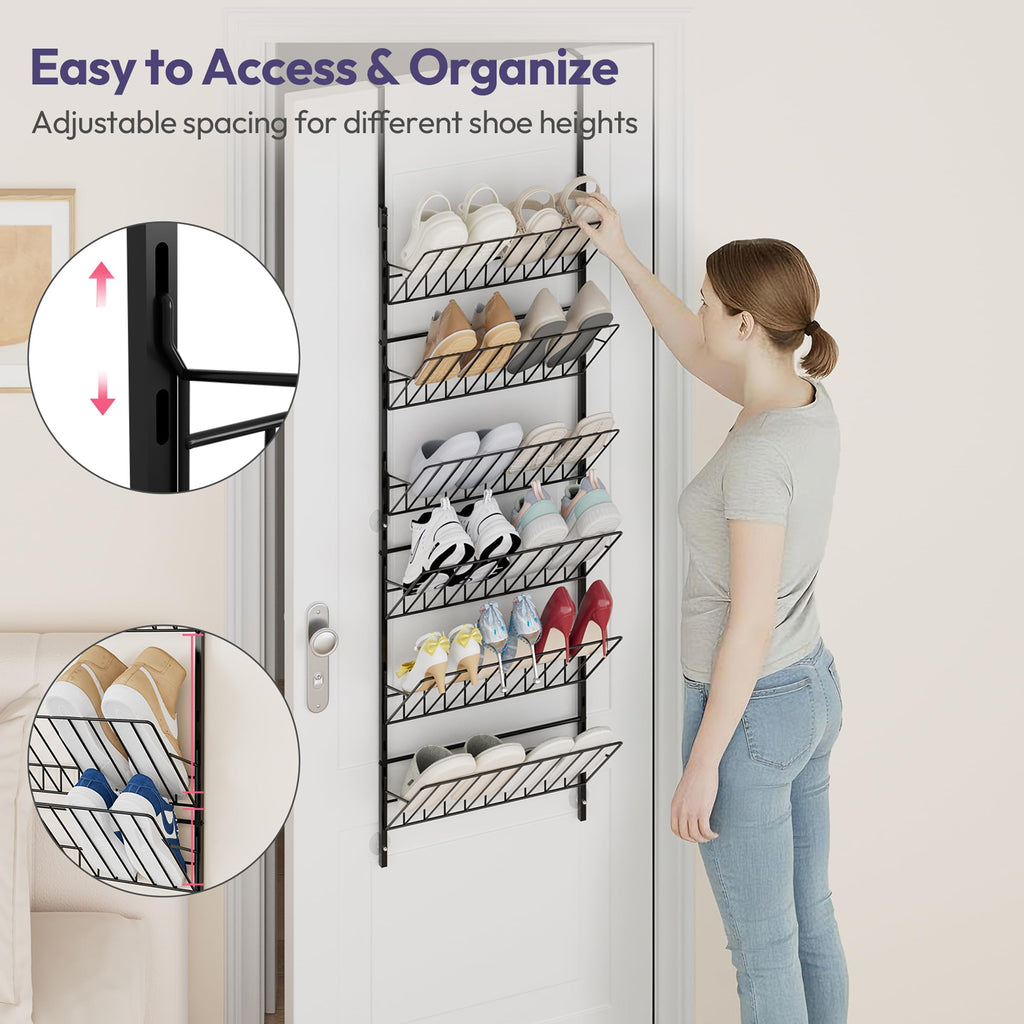 SWTYMIKI Over The Door Shoe Organizer - Adjustable 6 Tier Hanging Shoe Rack Organizer, Metal Heavy Duty Behind Door Storage or Wall Mount Shoes Shelf for Flats, Heels, Sneakers, Boots