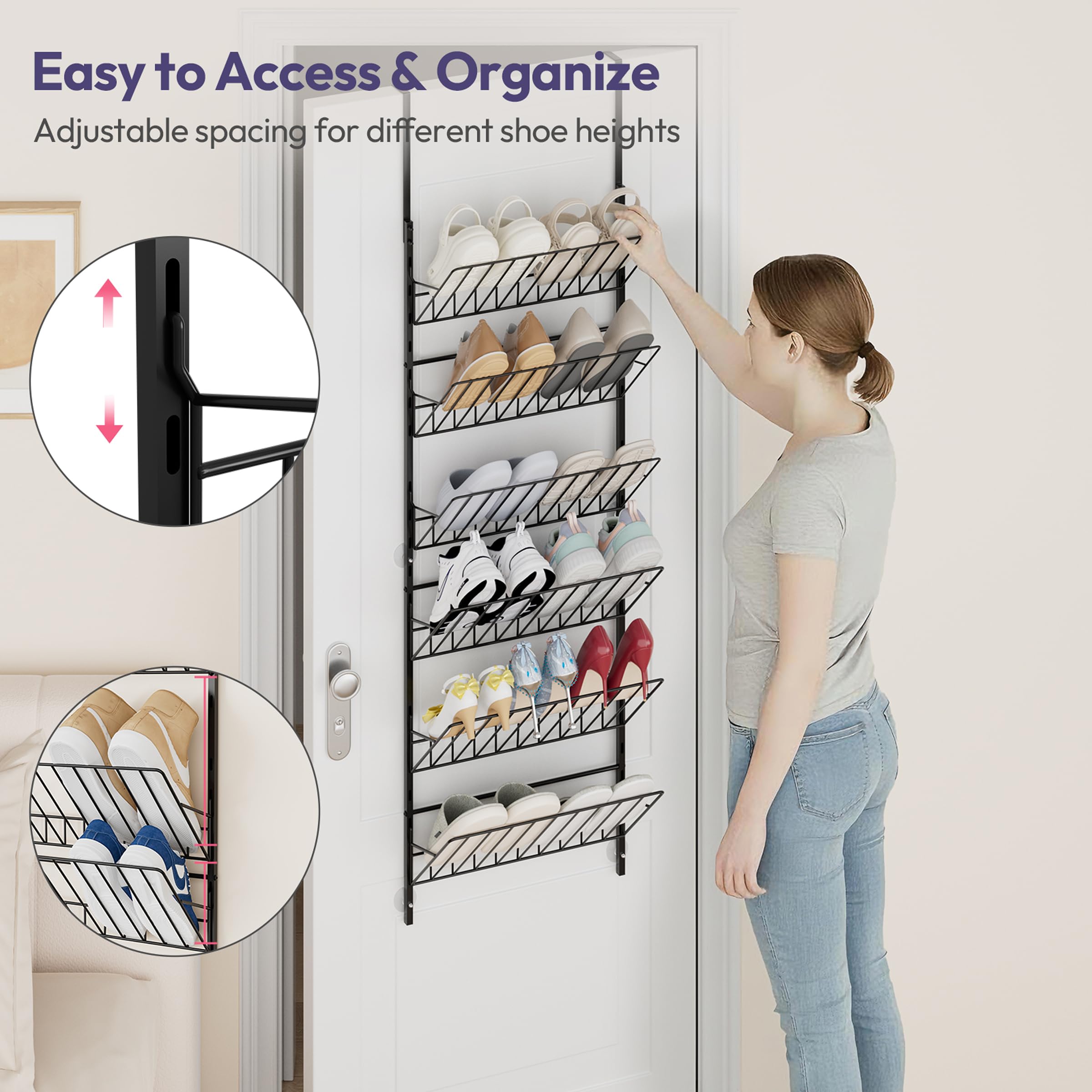 SWTYMIKI Over The Door Shoe Organizer - Adjustable 6 Tier Hanging Shoe Rack Organizer, Metal Heavy Duty Behind Door Storage or Wall Mount Shoes Shelf for Flats, Heels, Sneakers, Boots