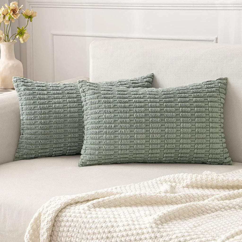MIULEE Decorative Lumbar Pillow Covers - Soft Boho Striped Corduroy | 20x12 Inch, Greyish Green, Pack of 2