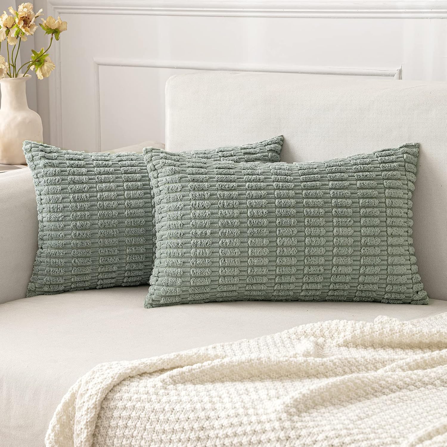 MIULEE Decorative Lumbar Pillow Covers - Soft Boho Striped Corduroy | 20x12 Inch, Greyish Green, Pack of 2