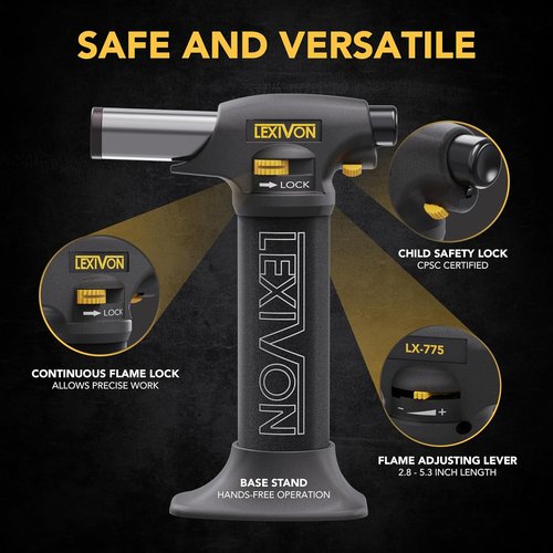 LEXIVON Butane Torch Lighter - Refillable Kitchen Cooking Torch with Safety Lock & Adjustable Flame | Pro-Grade Aluminum Tank (LX-775)