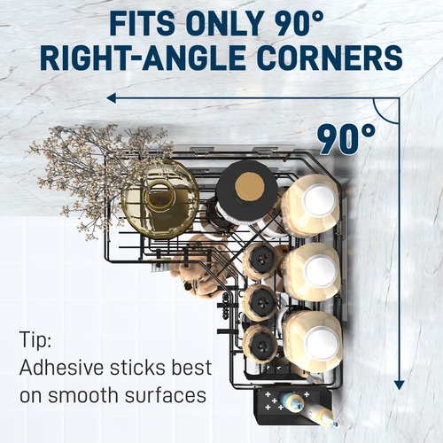 Sitlais Corner Adhesive Shower Caddy, 5-Pack Rustproof Metal Corner Shelves with 2 Storage Boxes, 18 Hooks, No Drilling Wall Mounted Bathroom Organizer for 90° Corner, Black