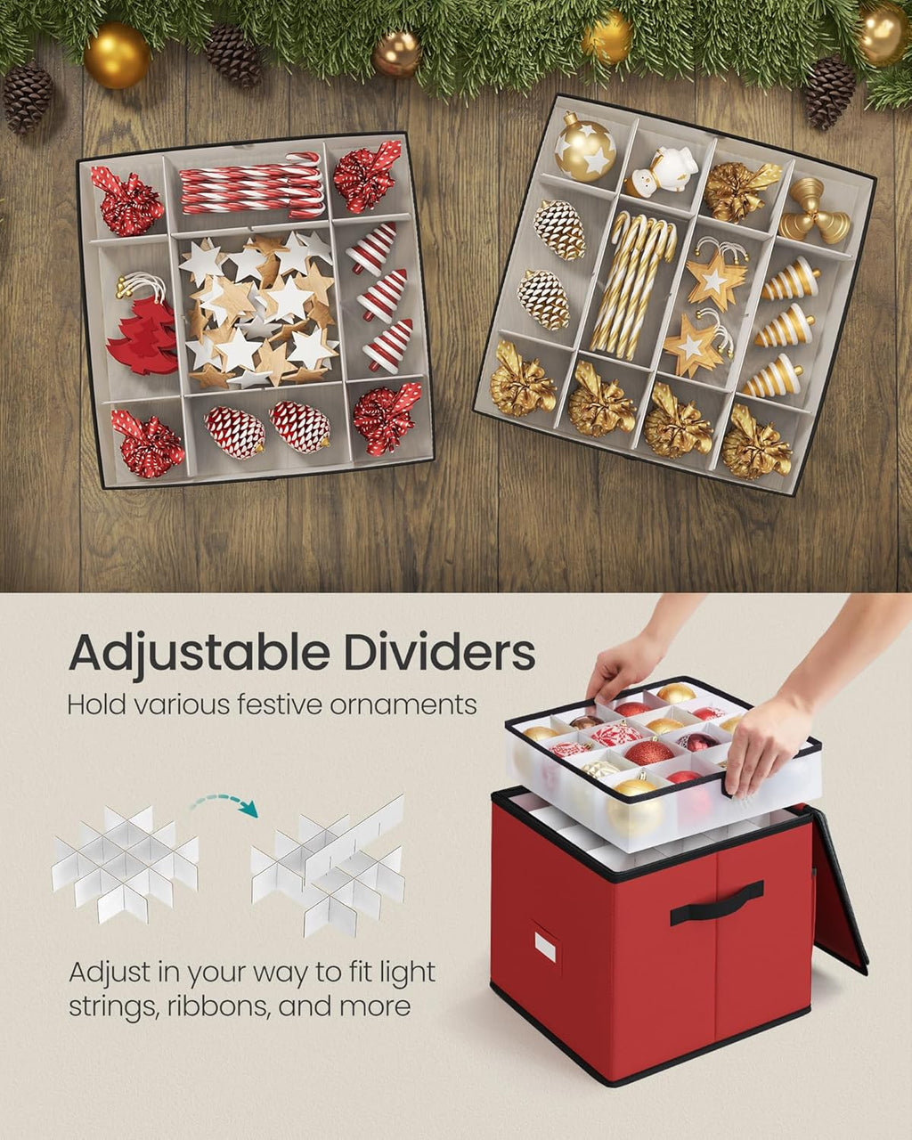 SONGMICS Christmas Ornament Storage Box - Stackable Dual-Zipper Container with 64 Slots, Cherry Red