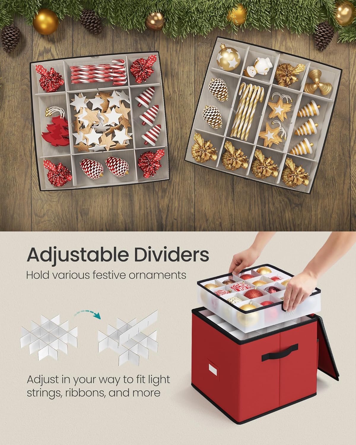 SONGMICS Christmas Ornament Storage Box - Stackable Dual-Zipper Container with 64 Slots, Cherry Red