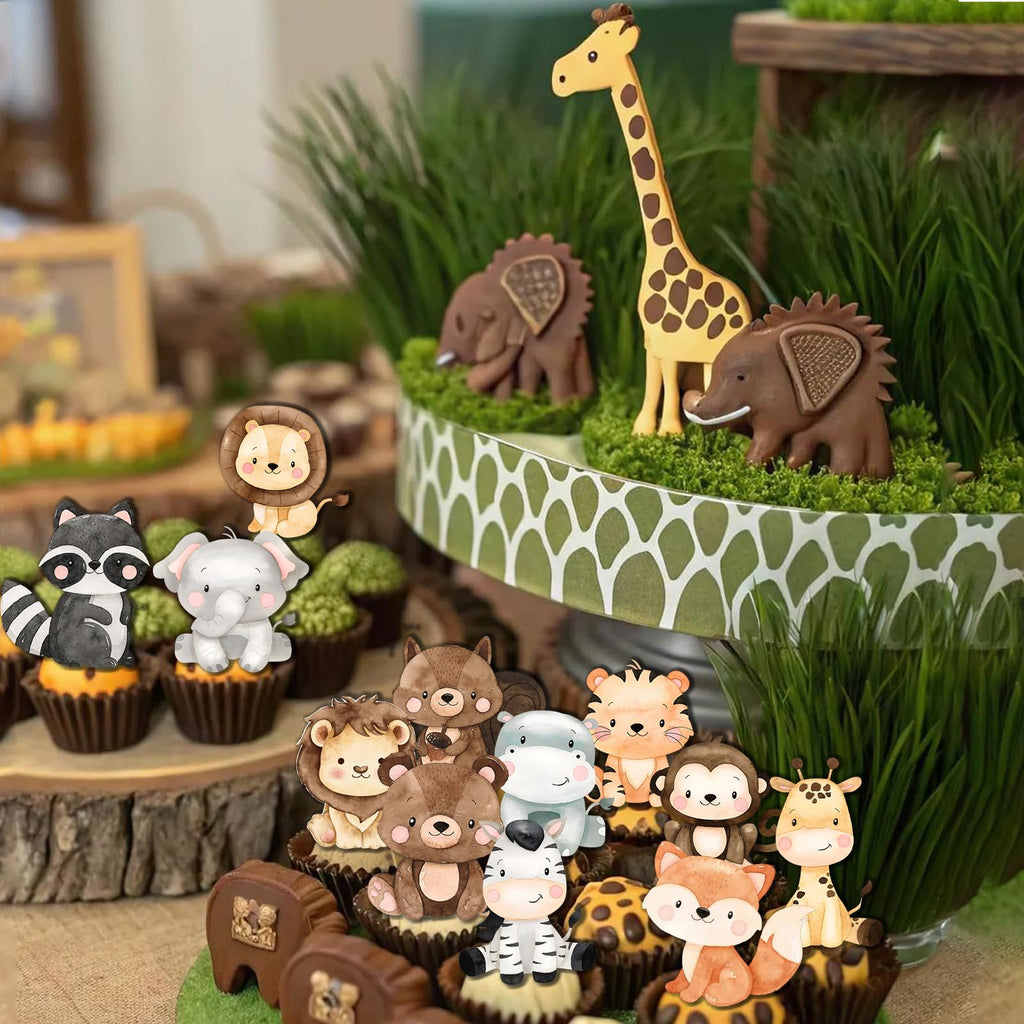 48pcs Safari Cupcake Toppers for Safari Baby Shower Decorations Cute Jungle Animals Cupcake Wild One Birthday Decorations