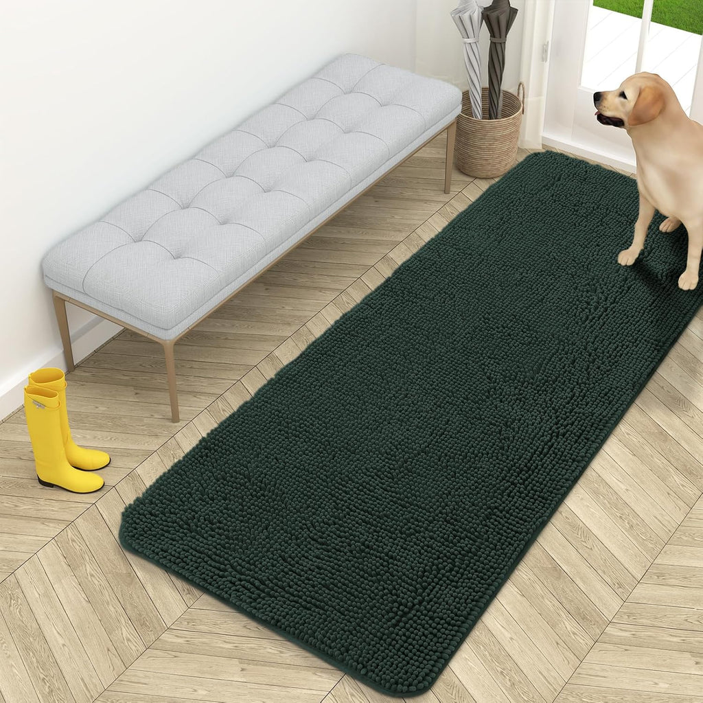 OLANLY Dog Door Mat - Absorbent Non-Slip Chenille for Muddy Paws | 59x24 Inches, Quick Dry, Blackish Green