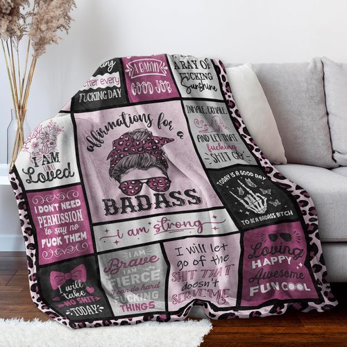 Craftique Birthday Gifts for Women, Affirmations for a Badass Blanket, Galentines/Daily Motivational/Inspirational/Self Care Blanket for Women, Funny Practical Badass Affirmations Blankets, Soft