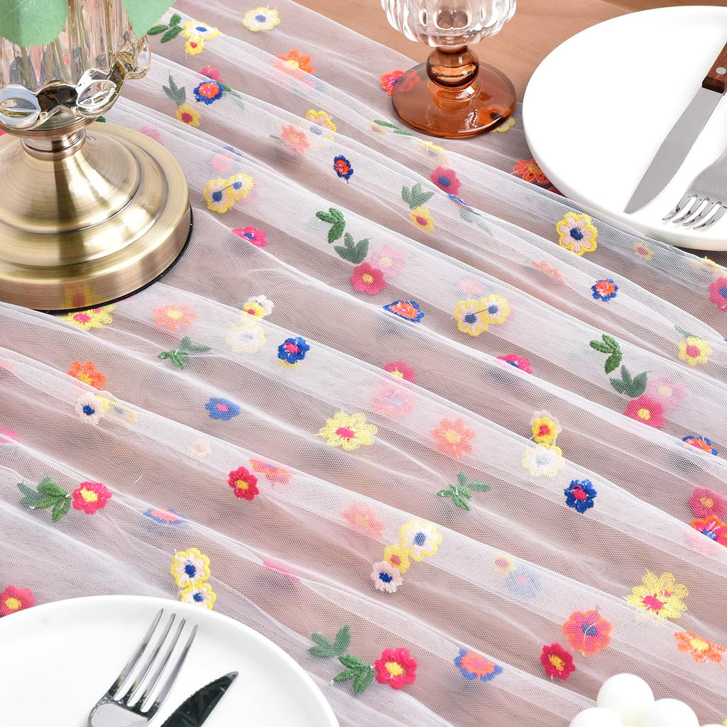 Joanlody 6pcs Ivory Summer Flower Table Runner 10ft Embroidery Daisy Floral Seasonal Tulle Table Runner for Home Garden Tea Party Holiday Birthday Decoration