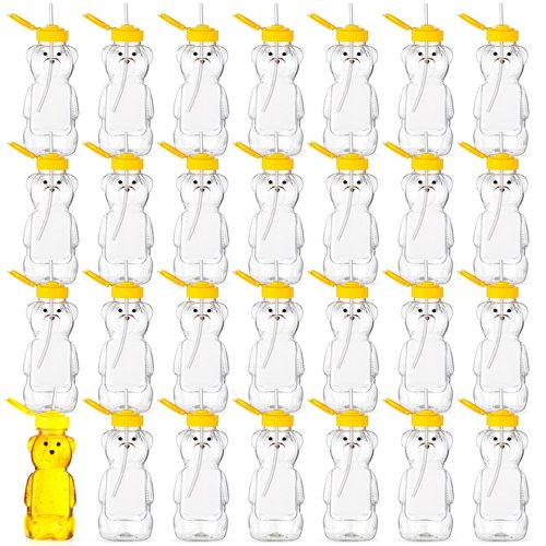 Thenshop 32 Pack Honey Bear Bottle with Straws Empty Plastic Cup Honey Jar Containers Bear Shaped Squeeze Bottle Storing and Dispensing Yellow Flip Top Lid Assistive Cups(12oz)