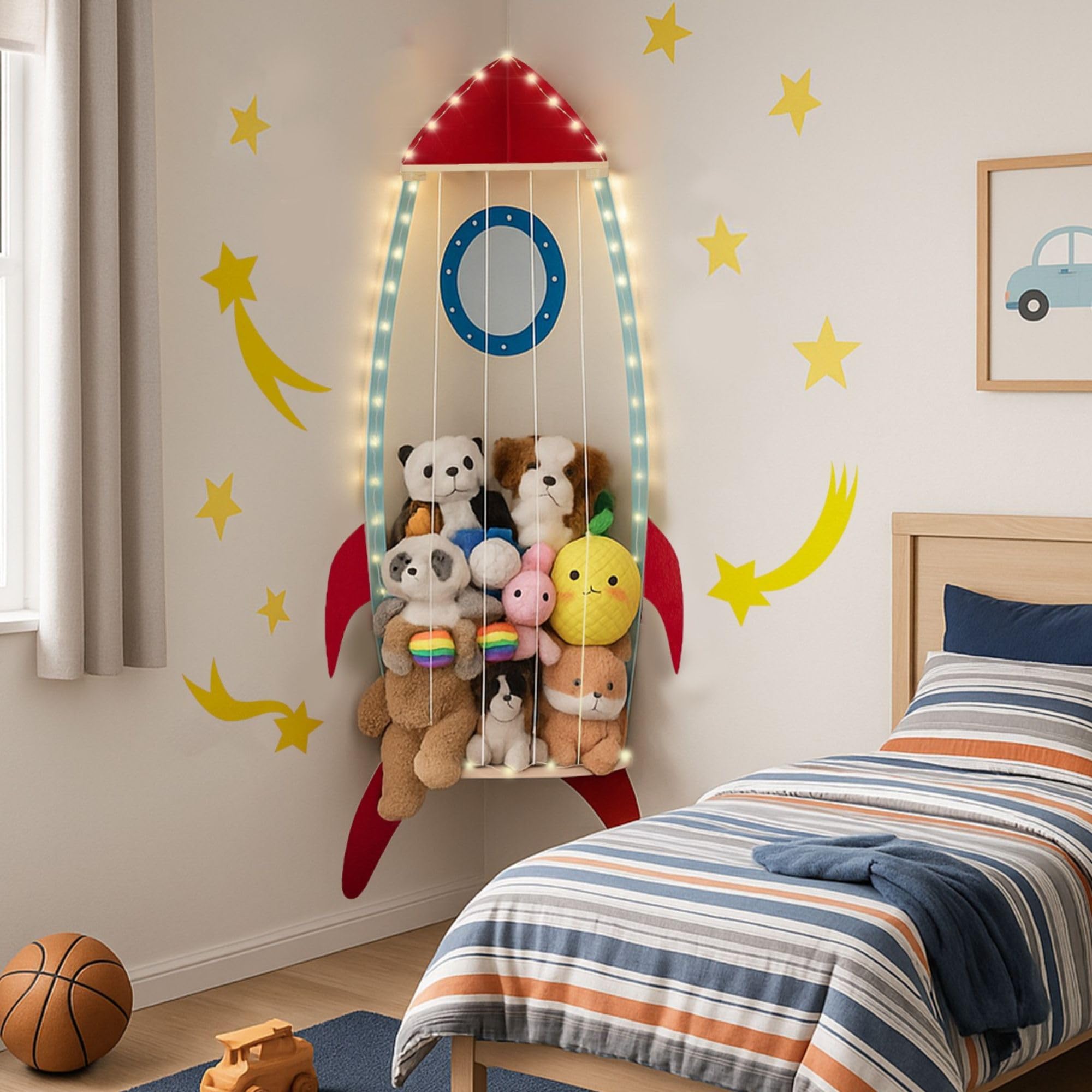 PUTSKA Nursery Furniture Hanging Organizer – Wall Mounted Stuffed Animal Storage for Baby Room, Corner Plush Collection Display & Nursery Organization System, Space-Saving Vertical Storage - Spaceship