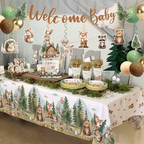 Woodland Baby Shower Decorations Plates Set,184Pcs Baby Boy Woodland Forest Animals Plates Napkins Cups Forks Tablecloth Balloons Banner Hanging Swirls Cupcake Toppers, 25 Guests