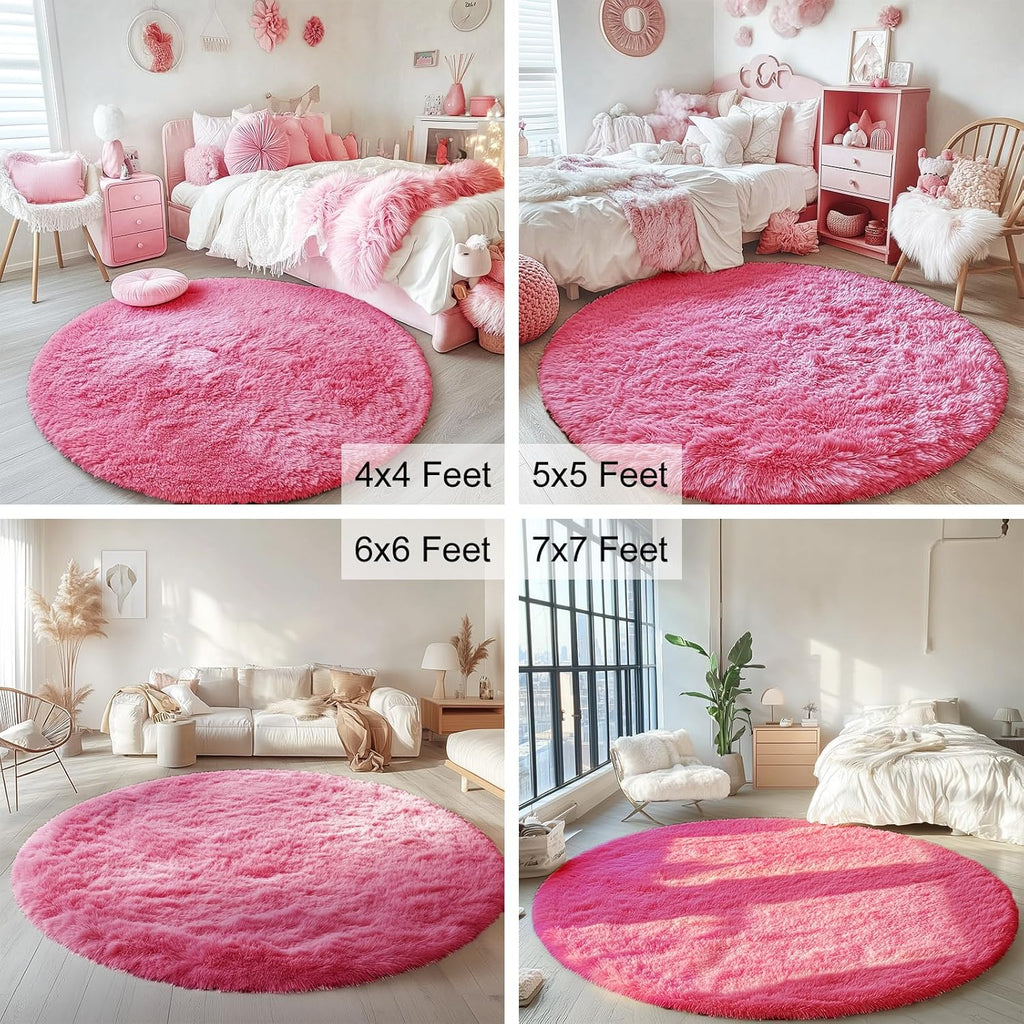 OLANLY Round Hot Pink Area Rug - Soft, Fluffy, Machine Washable 4 ft Circle Carpet for Bedrooms & Nurseries