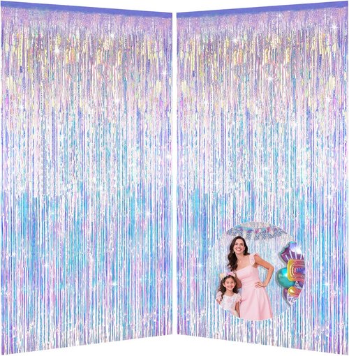 Iridescent Party Decorations - Holographic Foil Fringe Backdrop Tinsel Curtains | 3.28x6.56ft, 2 Packs