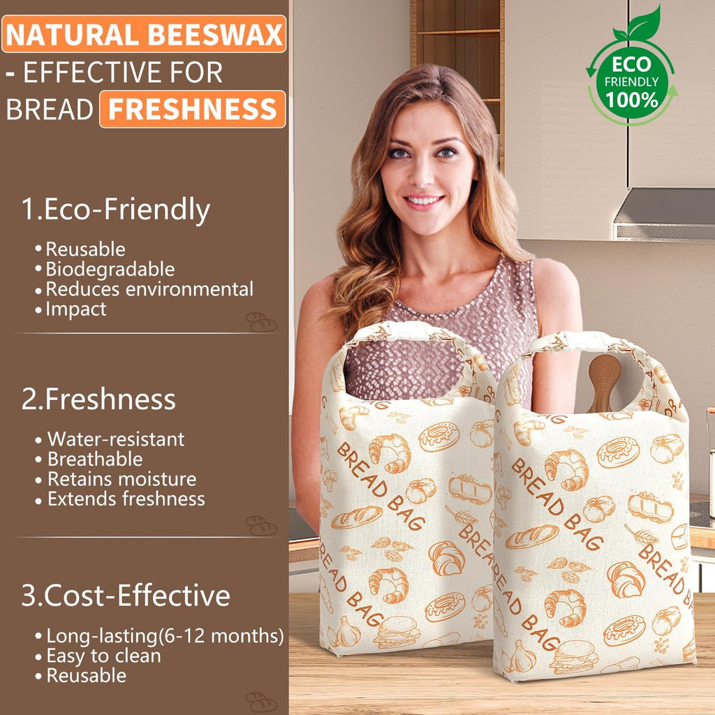Skiennix Reusable Beeswax Bread Bags - Eco-Friendly Food Storage for Sourdough | 2 Pack, Large Capacity