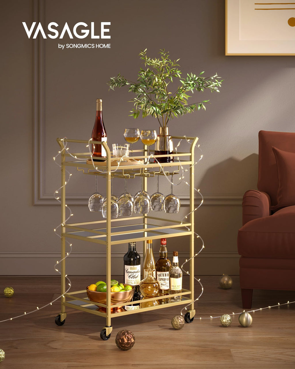 VASAGLE Bar Cart Gold, Small Home Bar Serving Cart with 3-Tier Mirrored Shelf, Wine Holders, Glass Holders, for Small Spaces, Kitchen, 15 x 23.6 x 36.2 Inches, Gold ULRC100A01