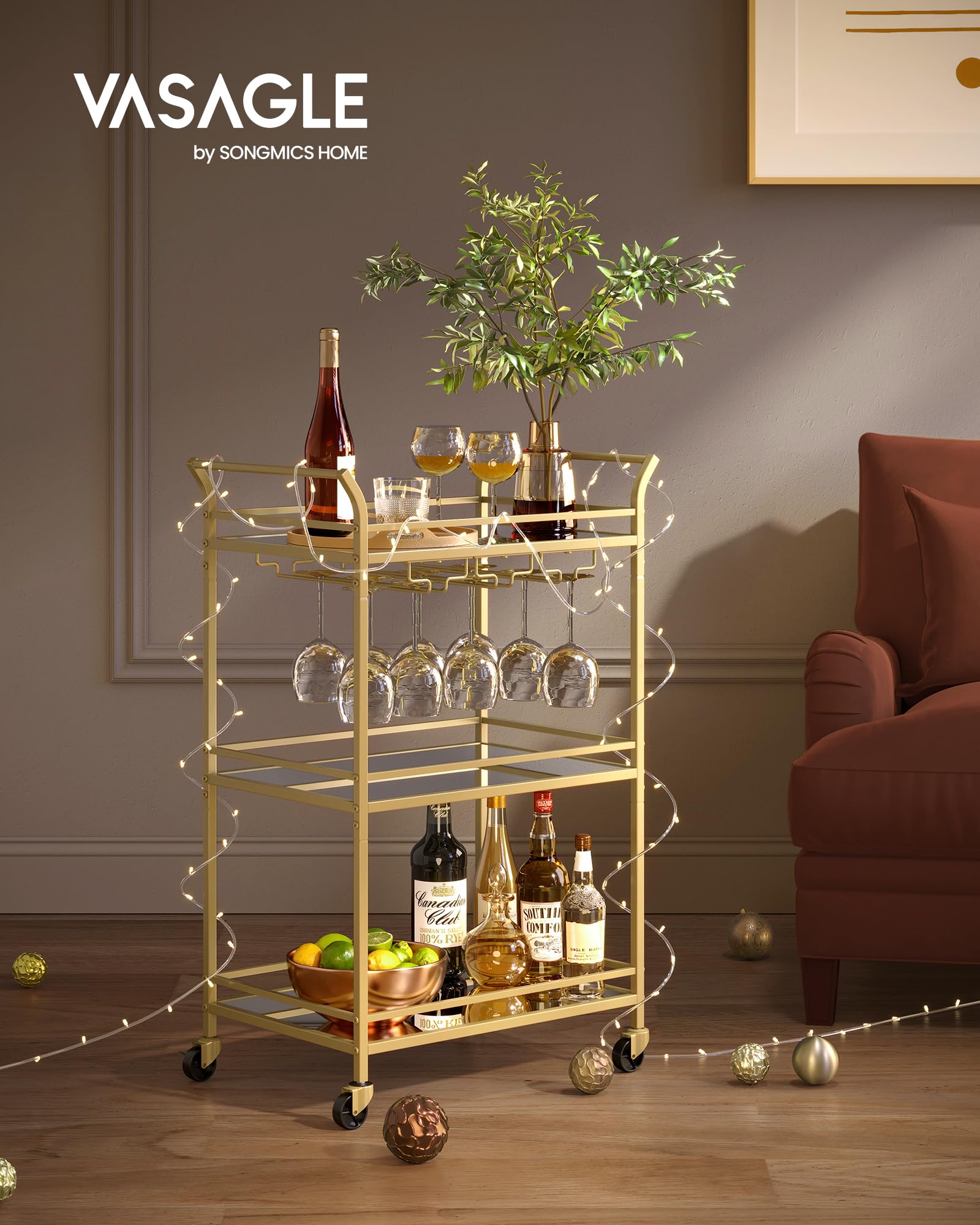 VASAGLE Bar Cart Gold, Small Home Bar Serving Cart with 3-Tier Mirrored Shelf, Wine Holders, Glass Holders, for Small Spaces, Kitchen, 15 x 23.6 x 36.2 Inches, Gold ULRC100A01