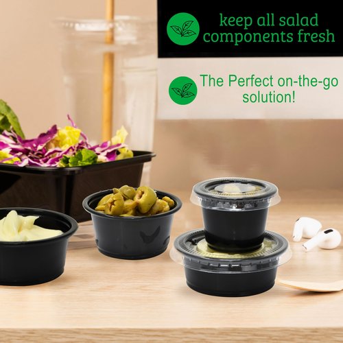 Galashield 2.5 oz Black Jello Shot Cups with Lids, 100 Pack - Small Disposable Plastic Portion Containers, Sauce Cups Condiment & Salad Dressing To Go