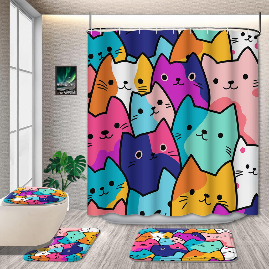 GRIEKOWE 4 Pcs Educational Kids Shower Curtain Set with Non-Slip Rugs, Months, Days, Shapes, and Multiplication Table for Learning – Fun Cartoon Animals Design, Bathroom Decor for Children 72Lx72in