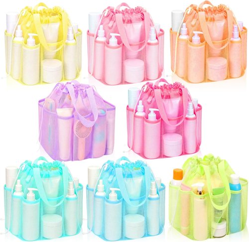 Kinlop Mesh Shower Caddy - Portable 8-Pocket Tote with Drawstring for Dorms, Gym & Travel | Macarons Color