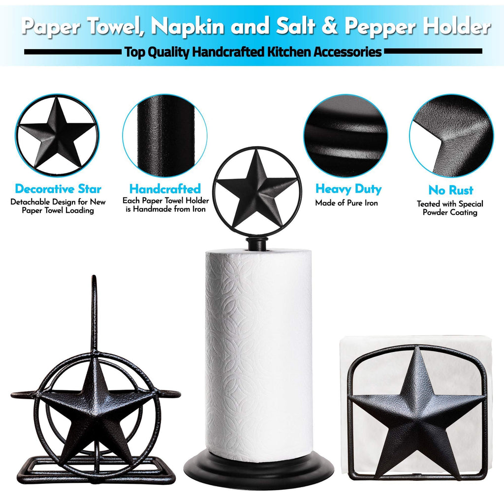 Black Rustic Texas Star Paper Towel Holder, Napkin Holder, Salt and Pepper Shakers Holder, Country Farmhouse Iron Kitchen Counter Accessory Set Holders (Paper Towel, Napkin, S&P Holder (3 Piece Set))