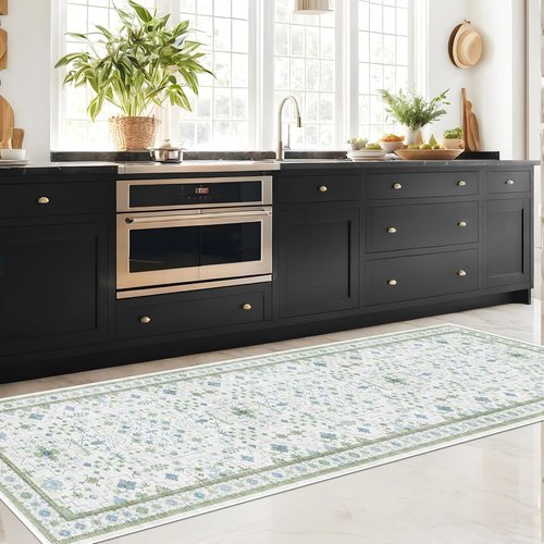Hazo Haus Oushak Wide Hallway Runner Rug - Vintage Turkish Floral Design, Washable 2'6"x10' - Blue & Green Non-Slip