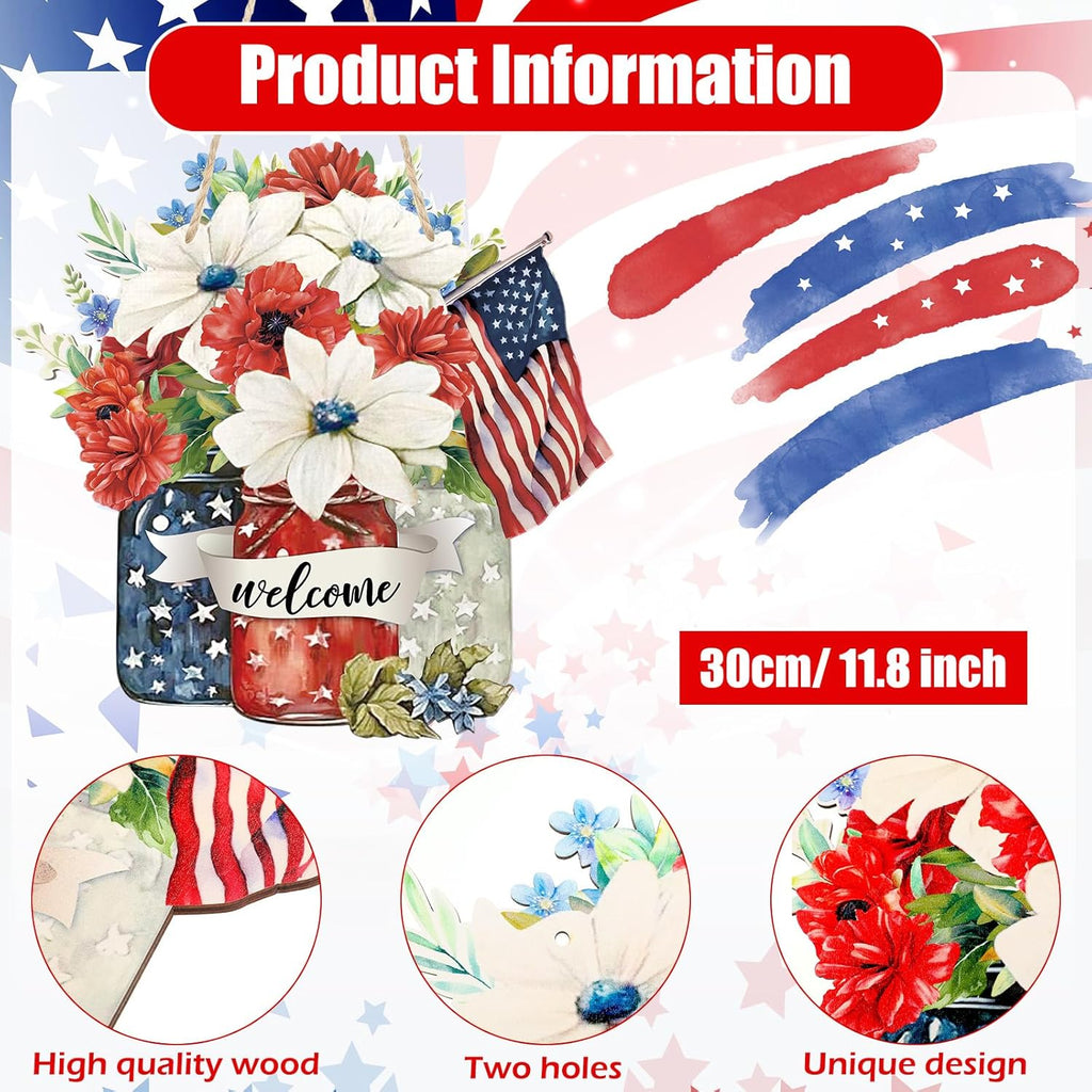 Spiareal Patriotic Wooden Door Decoration - 4th of July Welcome Sign in Red, White & Blue