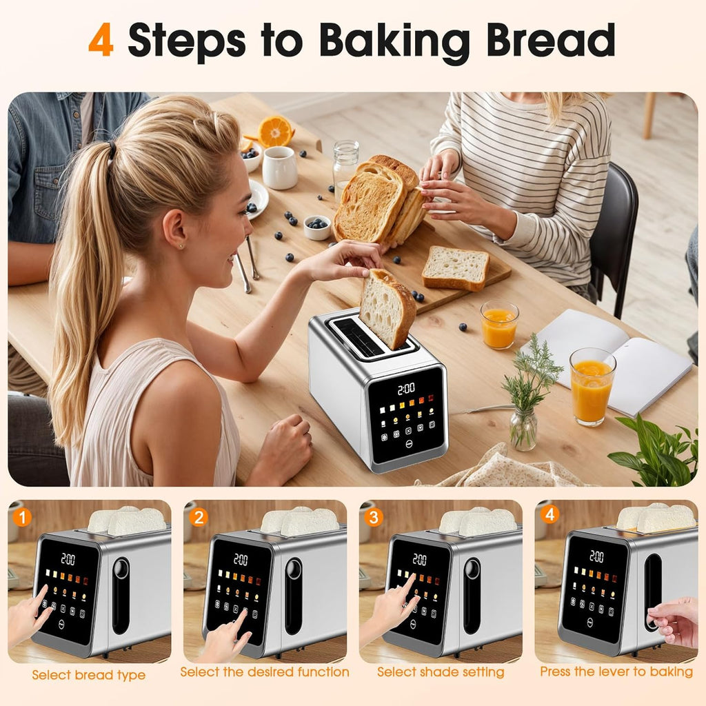 Skiennix 2-Slice Toaster - Smart Digital Touchscreen, 1.5" Extra-Wide Slots, 6 Browning Settings, 900W