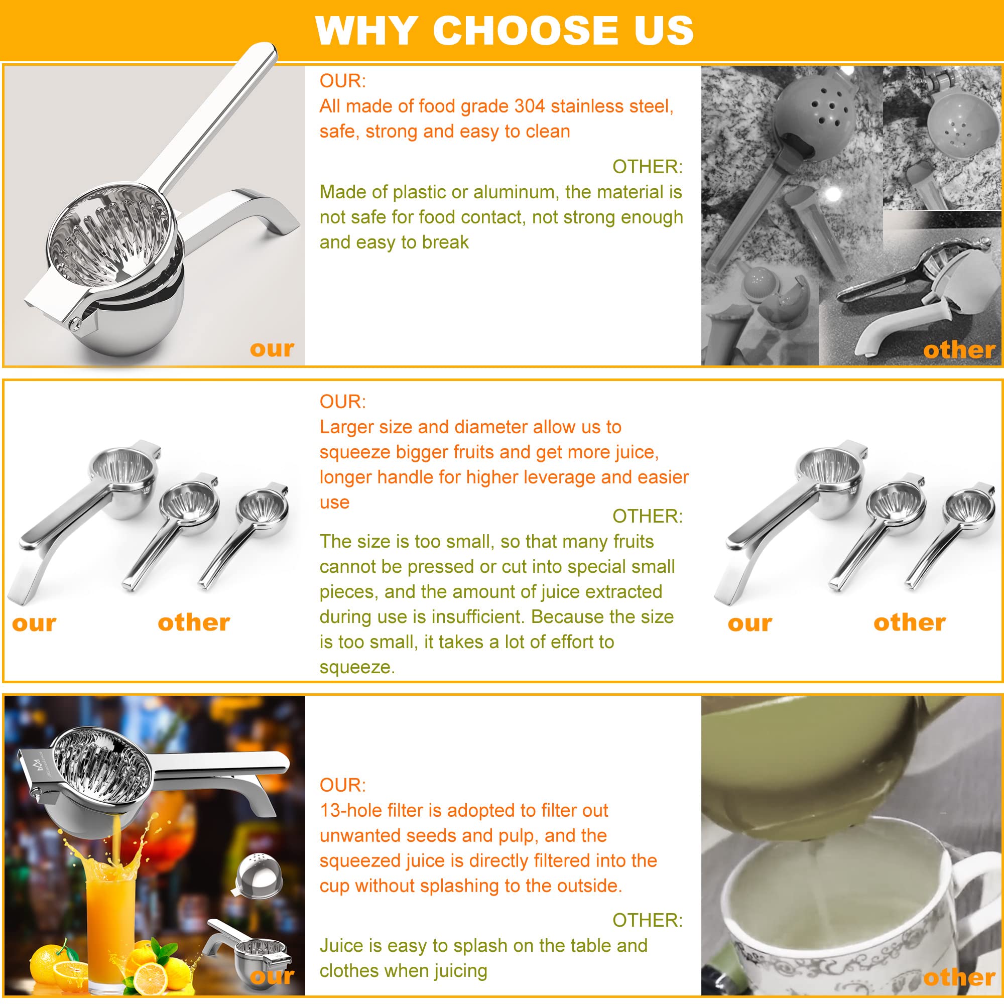 Miscedence Large lemon squeezer, Manual Juicers stainless steel citrus juicer All Size Fruits Can Squeeze Juice, Large Yield, Suitable For Lemons, Oranges, Pomegranates, Grapes