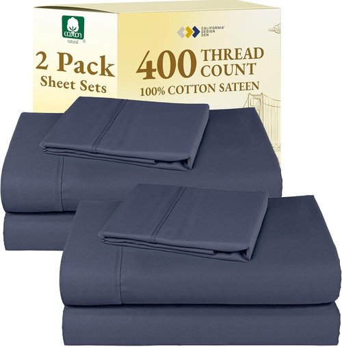 California Design Den Twin XL Sheet Sets - 400 Thread Count 100% Cotton Sateen - Soft, Breathable, Deep Pocket | Indigo Dusty Blue - 2-Pack