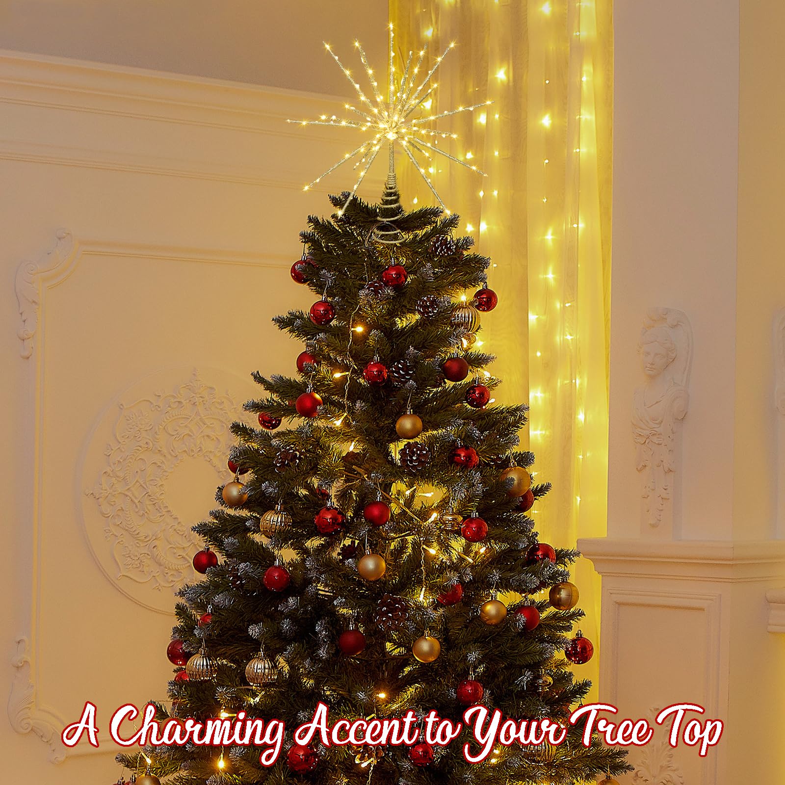 HMASYO 15 Inch Twinkling Starburst Christmas Tree Star Topper, 19-Point Gold Star Tree Topper with 150 LED, Remote Control & Timer, USB Power for Indoor Home Holiday Party Xmas Tree Decoration
