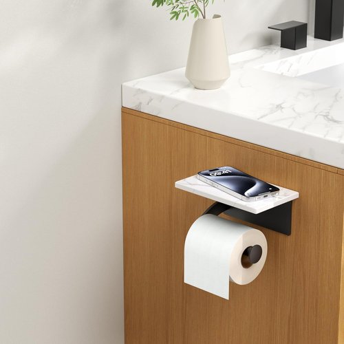FORIOUS Toilet Paper Holder - Natural Marble Wall Mount with Phone Shelf | Matte Black 304 Stainless Steel