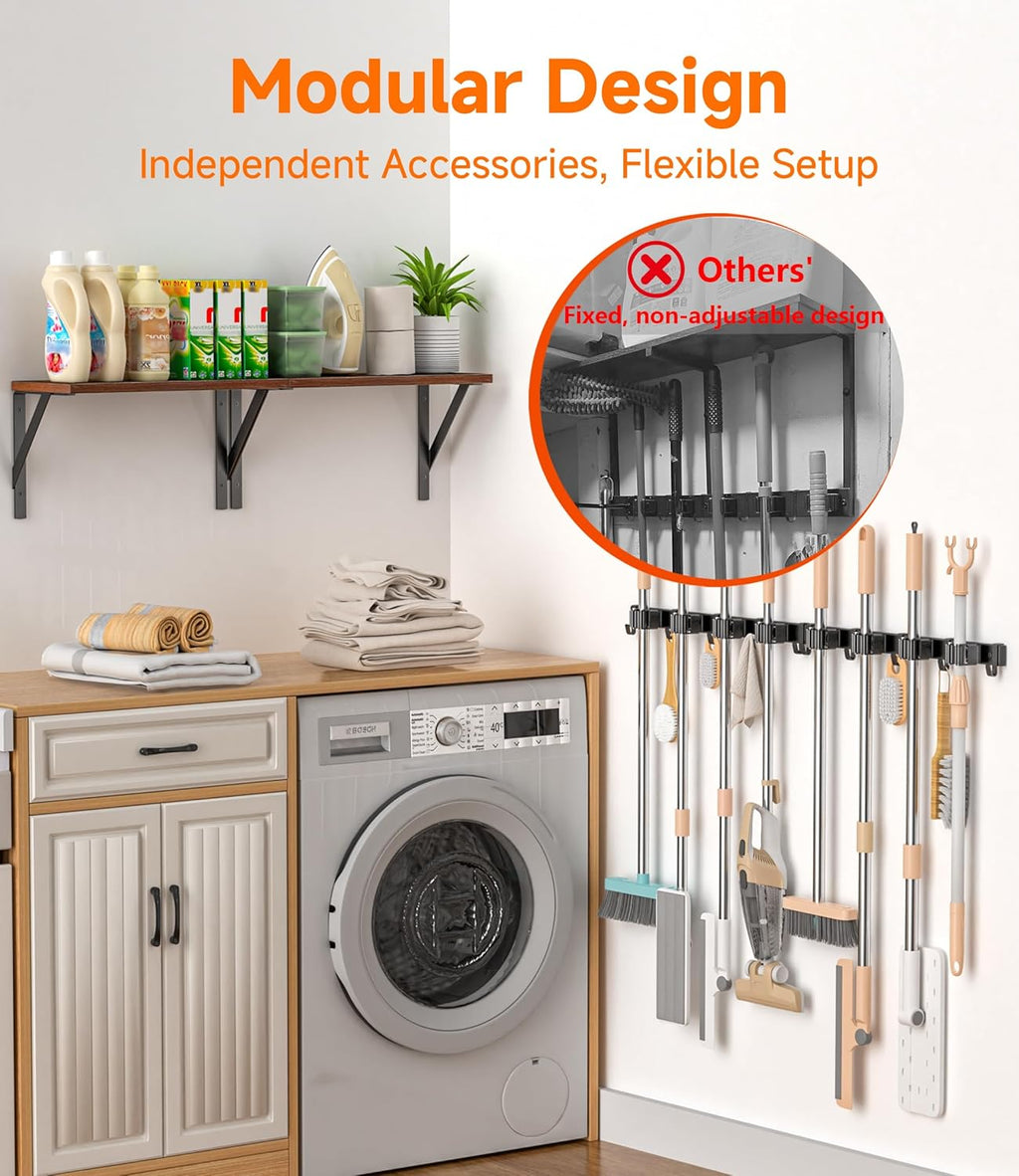 Skiennix Broom Holder Wall Mount - Space-Saving Organizer with 8 Slots & 10 Hooks | Ideal for Laundry Room, Garage, Garden