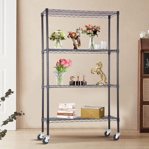 BestOffice 4-Tier Wire Storage Shelves - Heavy-Duty Metal with Wheels | Adjustable, 36x14x62 | Black | Easy No-Tool Assembly, Holds Up to 500 lbs | Perfect for Home & Garage