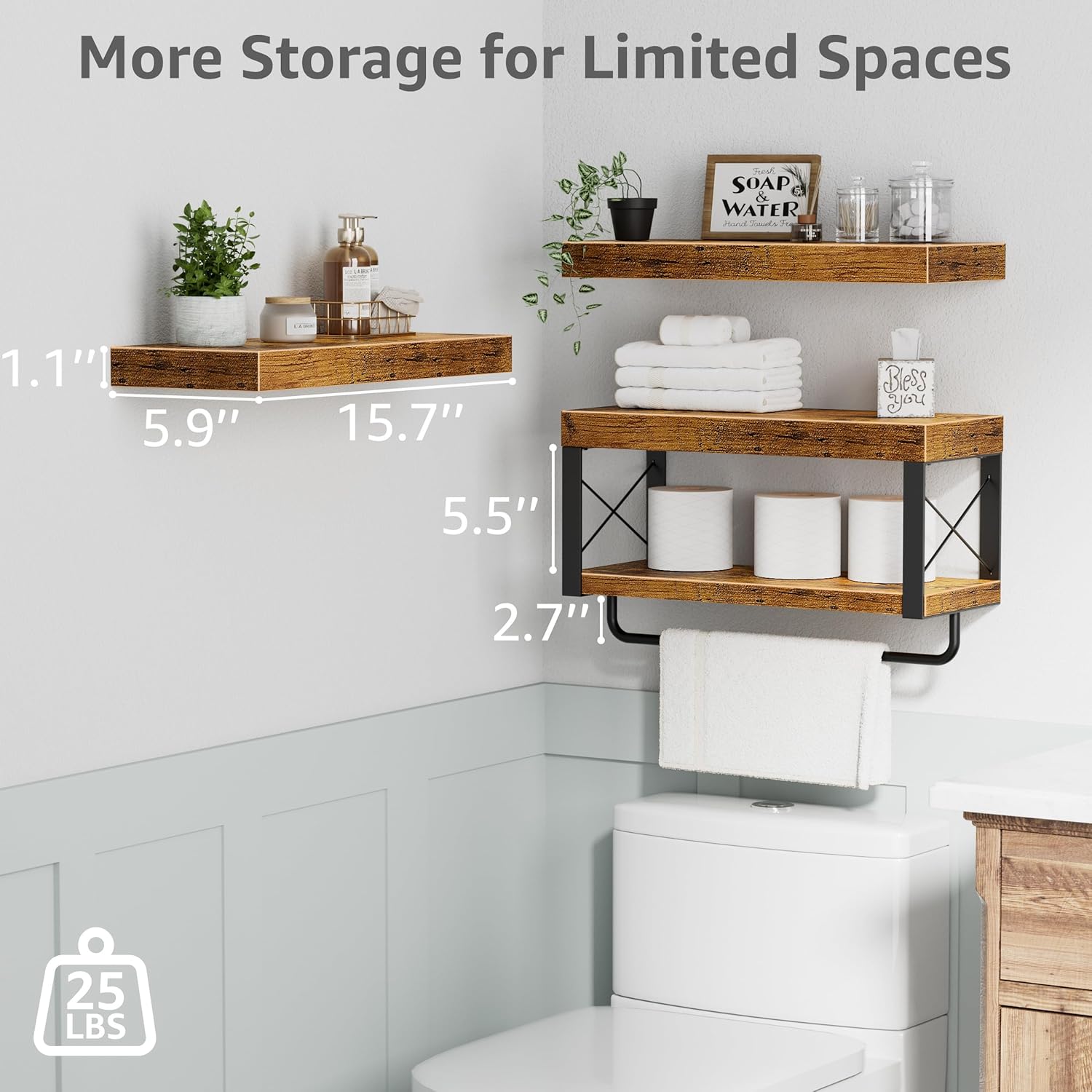 QEEIG Floating Bathroom Shelves - Rustic Brown Over Toilet Storage | Set of 3, 16 Inch