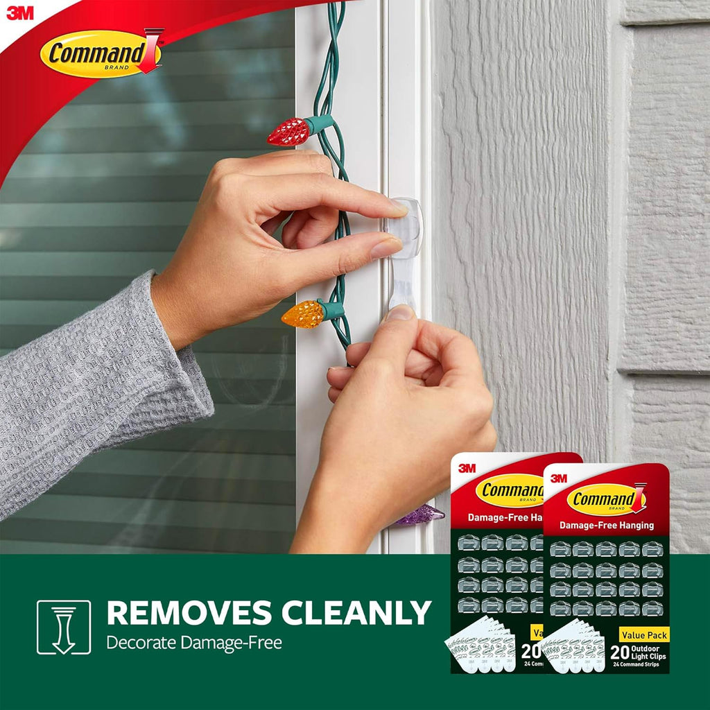 Command Outdoor Light Clips - 40 Clear Clips & 48 Strips | Damage-Free Hanging & Weather-Resistant Design