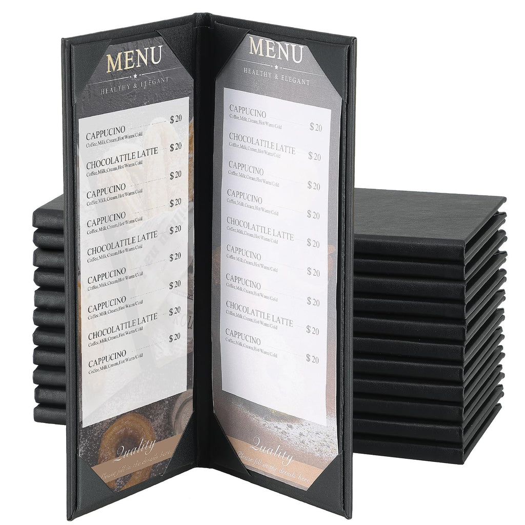 AMGSH 12 Pack 2 View Menu Holder Menu Covers 4.25" x 11" | Black Leather Menu Sleeves Book Style for Restaurant Coffee Bars Wine List