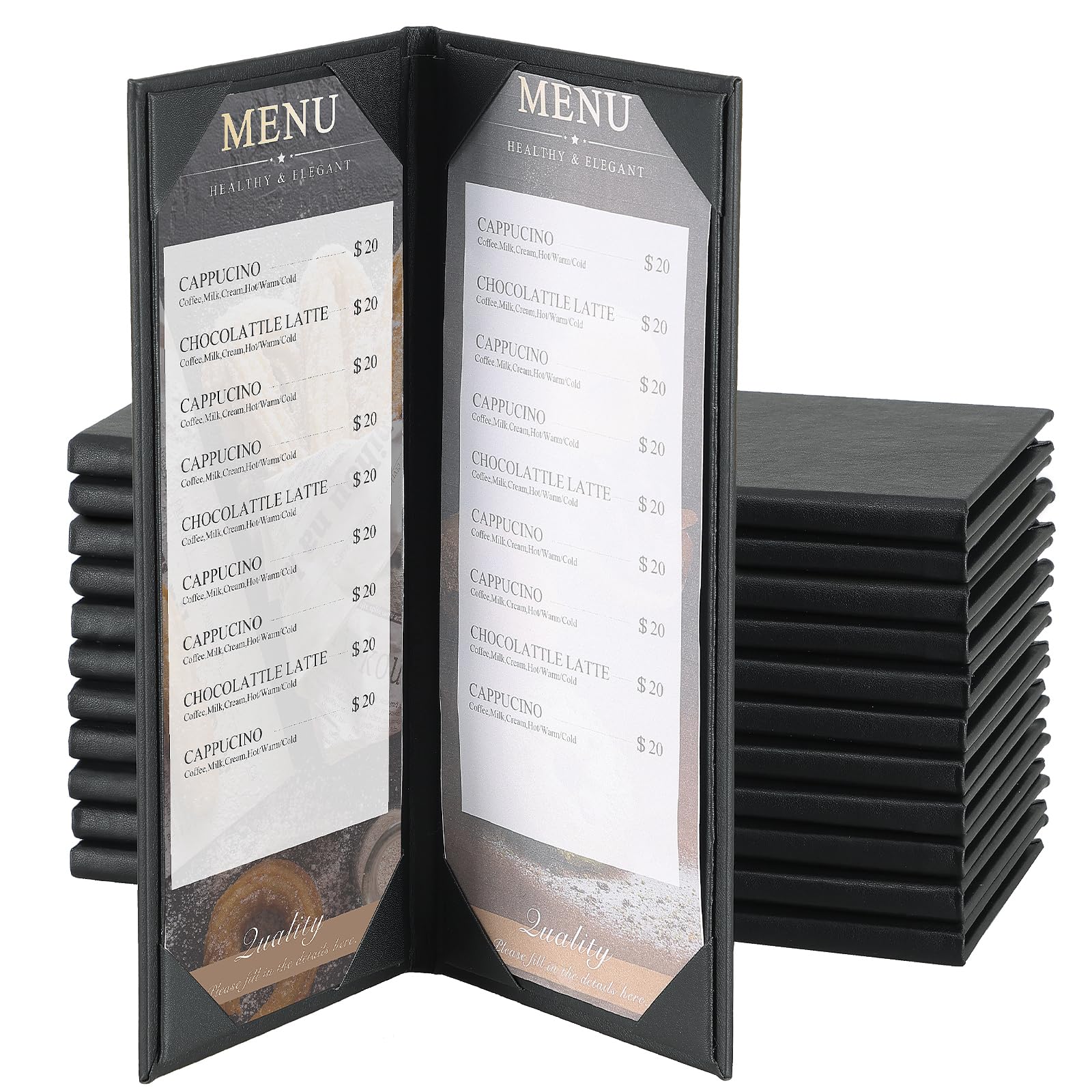AMGSH 12 Pack 2 View Menu Holder Menu Covers 4.25" x 11" | Black Leather Menu Sleeves Book Style for Restaurant Coffee Bars Wine List