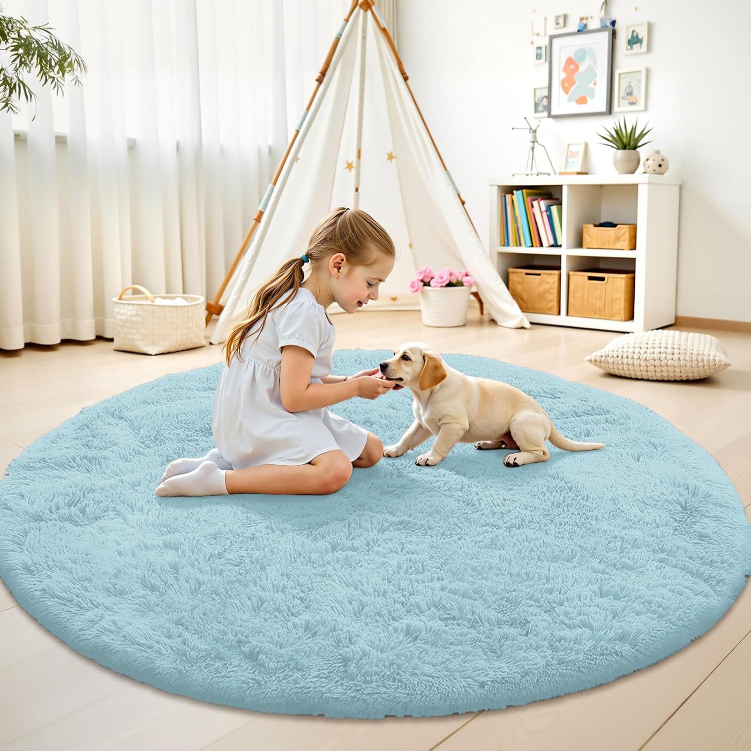 OLANLY Light Blue Round Rug - Soft, Fluffy Shaggy Carpet for Bedroom | 7 ft Machine Washable Area Rug