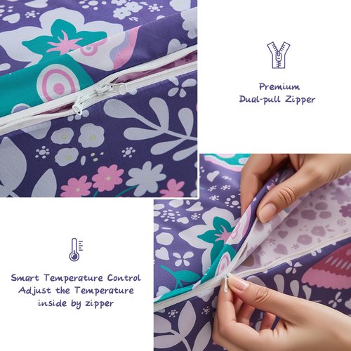 Anibedding 3Pcs Zip Up Bedding Comforter Set for Girls, Purple Butterfly All in One Zipper Full Bedding Set with Pillowcase for Kids