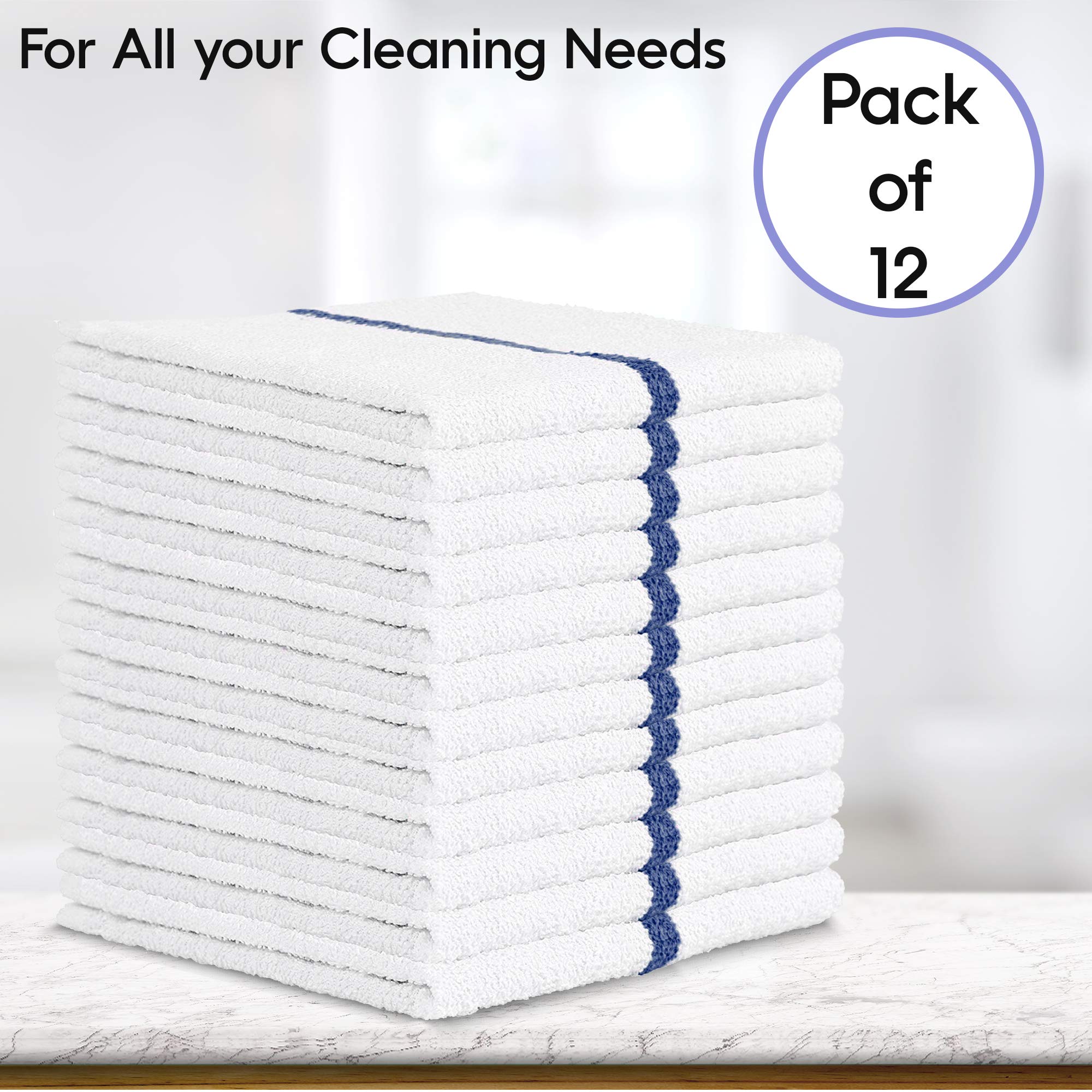 Nabob Wipers Kitchen Bar Mop Terry Towels 12 Pack - 100% Cotton - Size 14x17 - Perfect for Your Home, Kitchen, Bathroom, Bars, Restaurants & Auto - Super Absorbent (Blue Stripe)