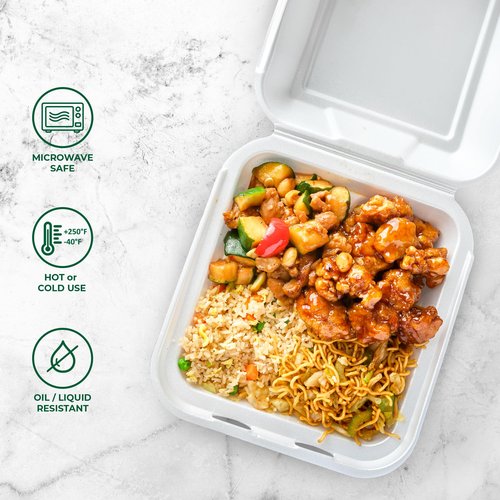 Freshware Clamshell Food Containers with Lids [8x8" 100-Pack] Disposable To Go Containers, Biodegradable Sugarcane To Go Boxes - Paper Container - Microwave & Freezer Safe, Stackable