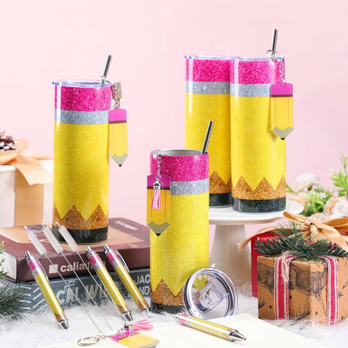 Skylety 12 Pcs 12 Pcs Teacher Gift Bulk 4 Sets Cute Teacher Appreciation Gifts 20 oz Stainless Steel Tumbler Keychain Ballpoint Set for Thank You Educator (Glitter Pencil Style)