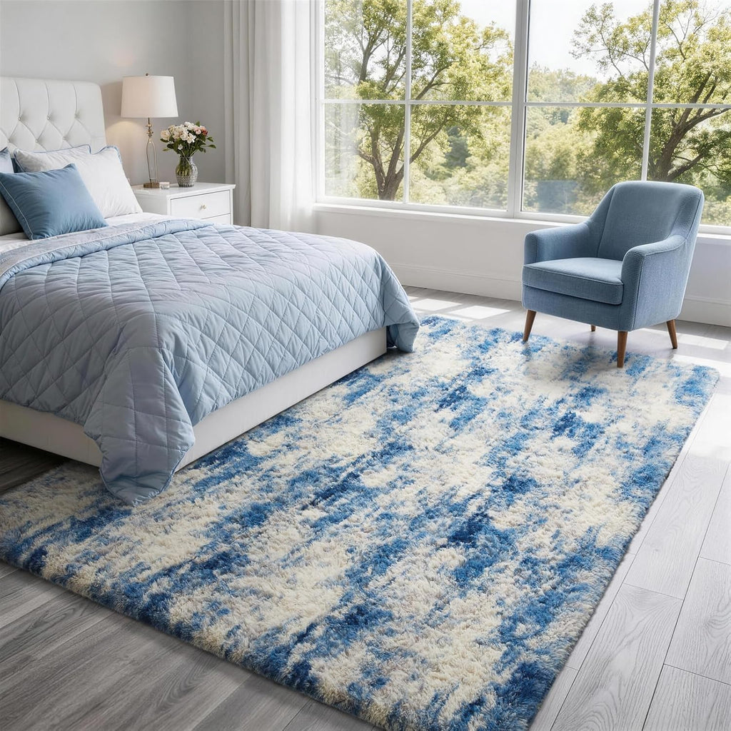 Ophanie Area Rug - Fluffy Shag Soft Carpet for Living Room | 6x9 Blue, White & Grey Design